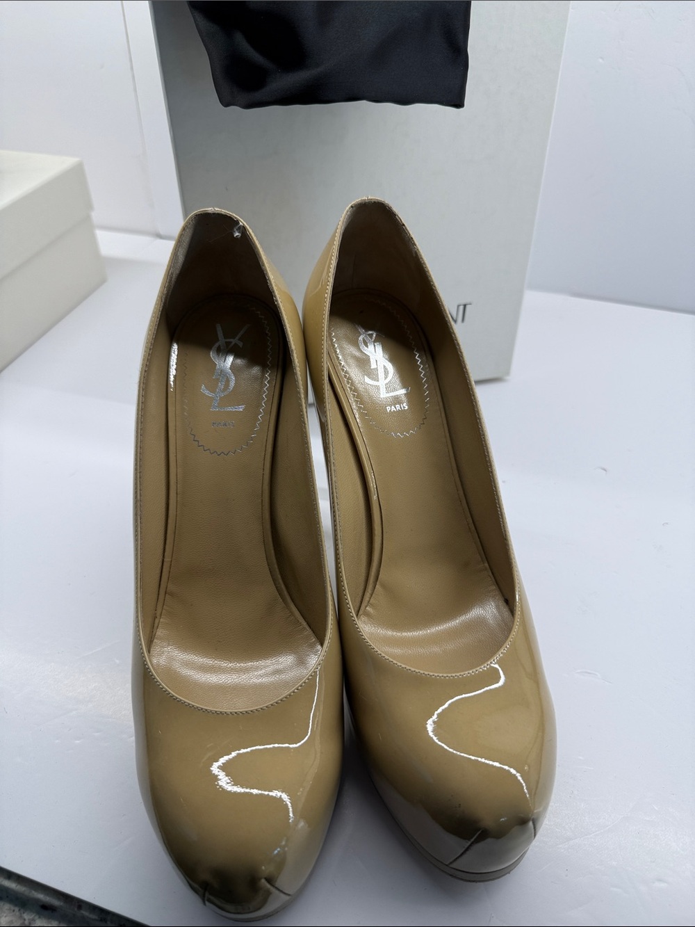 Saint Laurent Beige Patent Leather Platform Pumps